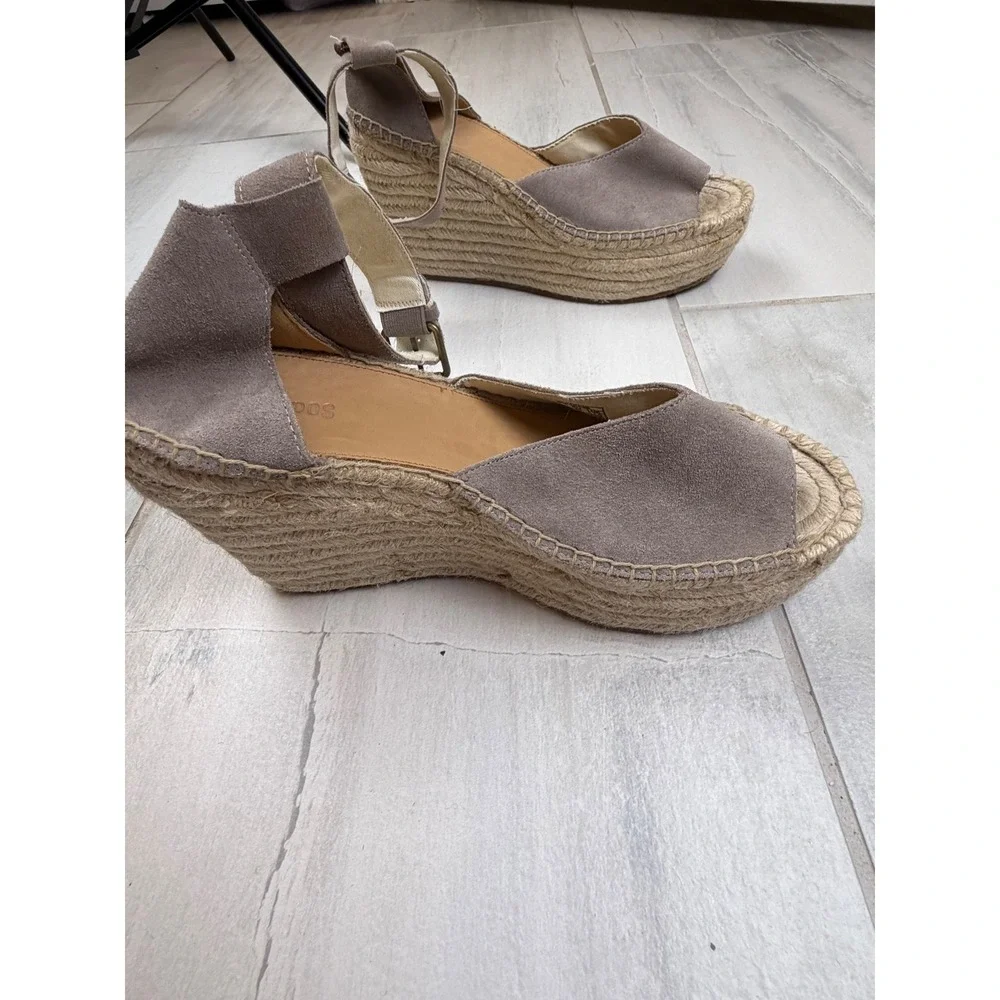 Soludos Grey Suede Espadrille Wedge Sandals Ankle Strap Platform Size 9.5